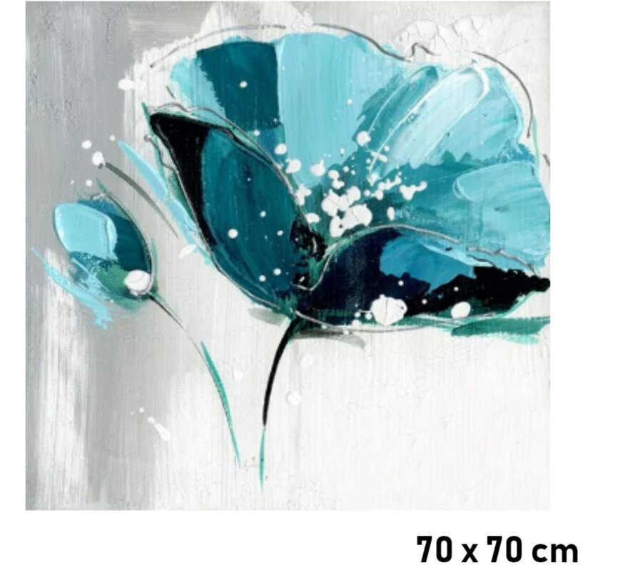 Allernieuwste.nl® Canvas Schilderij * Blauwe Bloem op Grijze Achtergrond * - Kunst aan je Muur - Modern - kleur - 70 x 70 cm