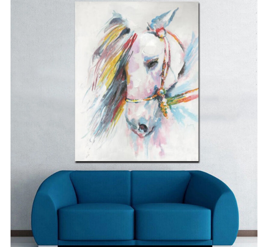 Allernieuwste.nl® Canvas Schilderij * Kleurrijk Wit Paard Aquarel * - Kunst aan je Muur - Realistisch - kleur - 50 x 70 cm