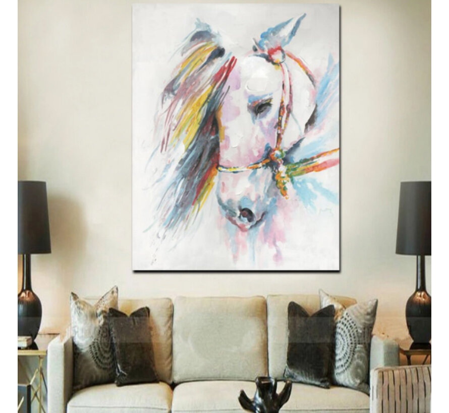 Allernieuwste.nl® Canvas Schilderij * Kleurrijk Wit Paard Aquarel * - Kunst aan je Muur - Realistisch - kleur - 50 x 70 cm