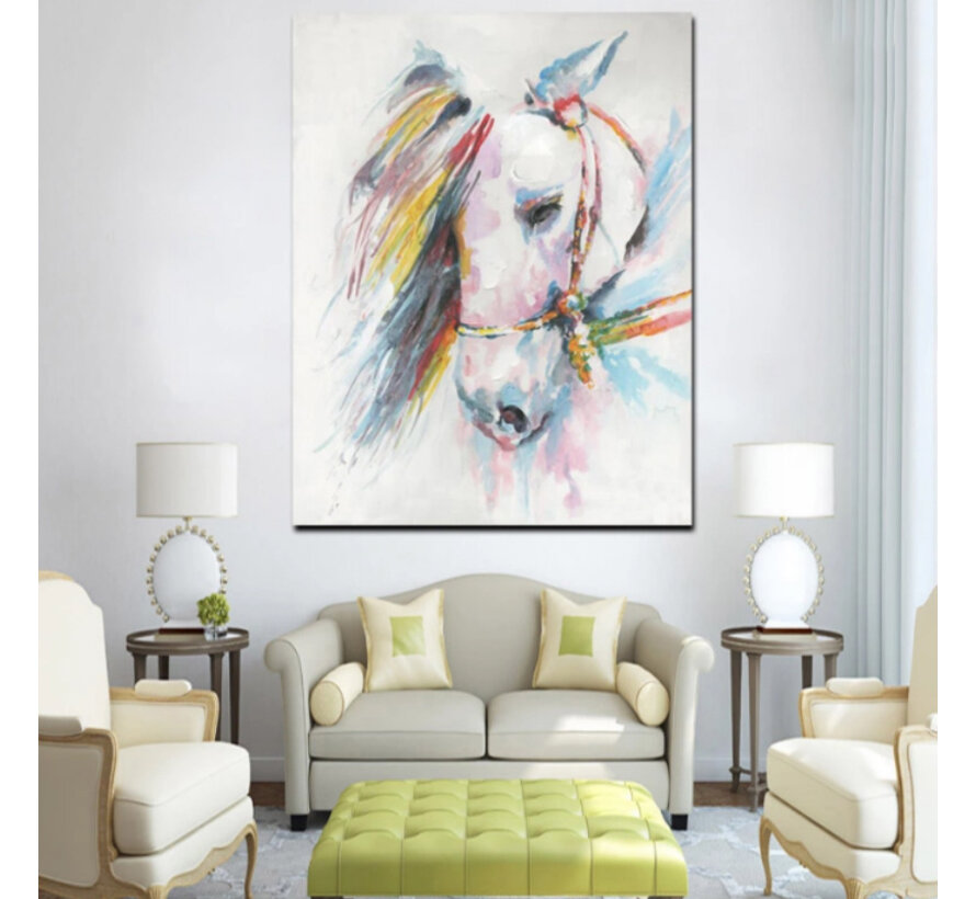 Allernieuwste.nl® Canvas Schilderij * Kleurrijk Wit Paard Aquarel * - Kunst aan je Muur - Realistisch - kleur - 50 x 70 cm