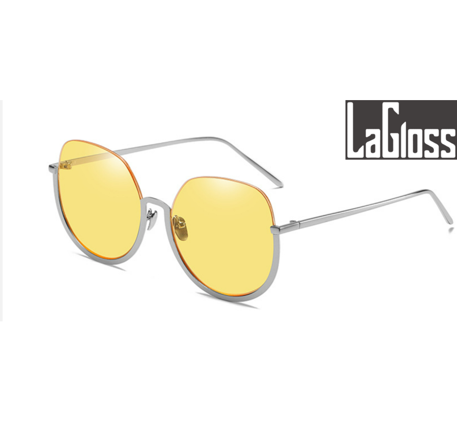 Lagloss® Ronde Oversized Dames Zonnebril Trend 2022 - Lenskleur Geel - Zilver montuur