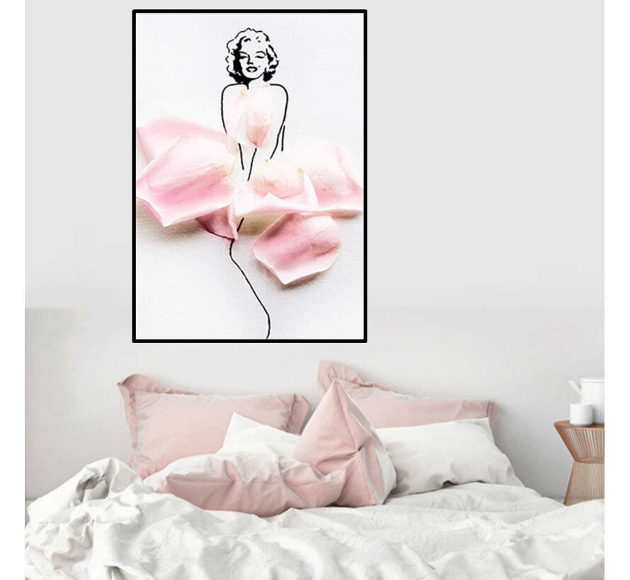 Allernieuwste.nl® Canvas Schilderij * Sexy Marylin Monroe met Bloemenjurk * - Kunst aan je Muur - Minimalist - 50 x 70 cm