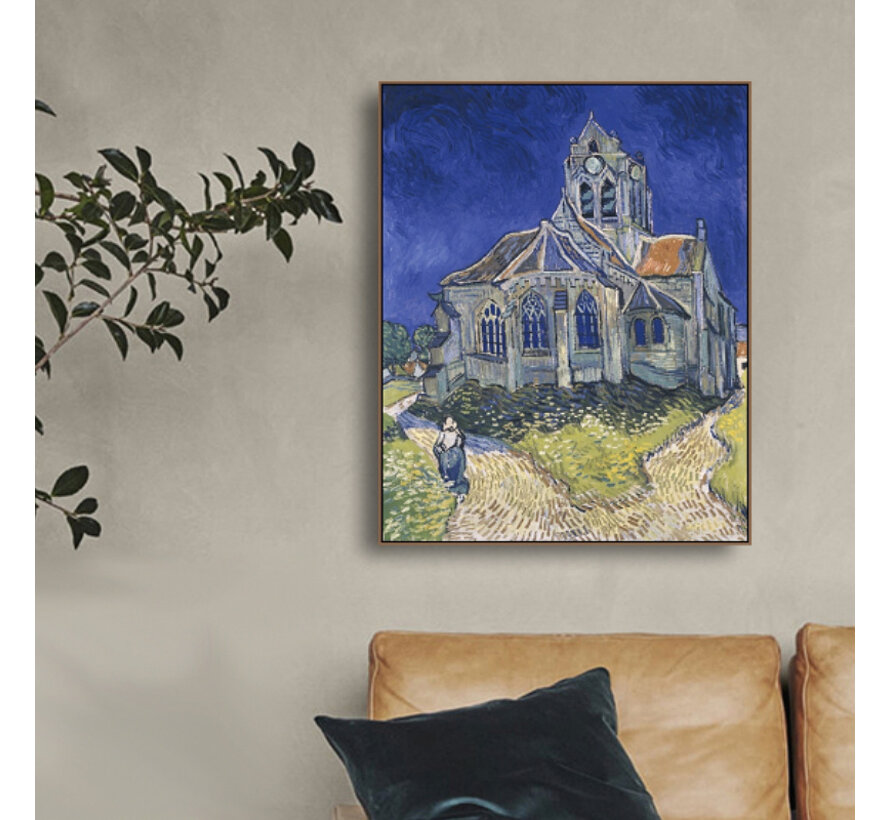 Allernieuwste.nl® Canvas Schilderij * Vincent Van Gogh: Kerk in Auvers-sur-Oise * - Kunst aan je Muur - Kleur Blauw - Postimpressionisme - 50 x 60 cm