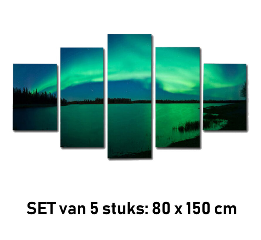 Allernieuwste.nl® 5-luik Canvas Schilderij * Sfeervol Noorderlicht * - Kunst aan je Muur - Blauw Groen - 5-delig - 80 x 150 cm
