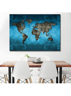 Allernieuwste.nl® Canvas Schilderij Blauw-Zwarte Wereldkaart Landkaart - 60 x 90 cm