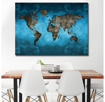 Allernieuwste.nl® Canvas Schilderij Blauw-Zwarte Wereldkaart Landkaart - 60 x 90 cm