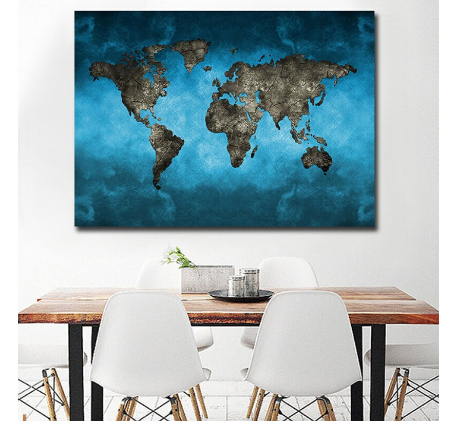 Allernieuwste.nl® Canvas Schilderij * Blauw-Zwarte Wereldkaart Landkaart * - Moderne Kunst aan je Muur - Minimalistisch - Blauw - 60 x 90 cm