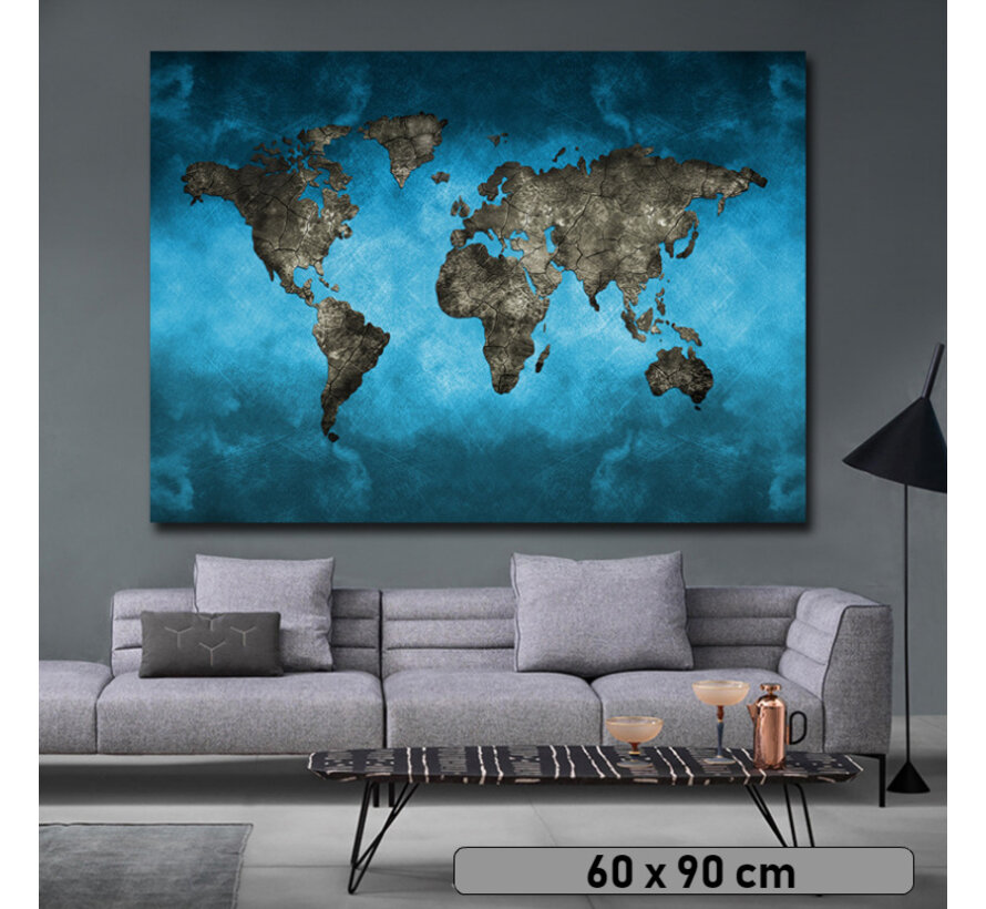 Allernieuwste.nl® Canvas Schilderij * Blauw-Zwarte Wereldkaart Landkaart * - Moderne Kunst aan je Muur - Minimalistisch - Blauw - 60 x 90 cm