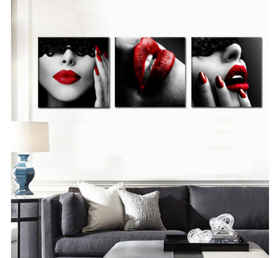Allernieuwste.nl® SET van 3 stuks Canvas Schilderij * Sexy Vrouw met Rode Lippenstift * - Kunst aan je Muur - Modern - Kleur - 3-luik - 40 x 40 cm