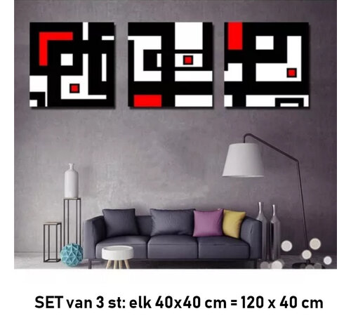 Allernieuwste.nl® Allernieuwste.nl® SET van 3 st Canvas Schilderij Modern Abstract Kubistisch Paneel - Kunst aan je Muur - Modern Abstract - Rood en Zwart - 3-luik - 3-luik elk 40 x 40 cm