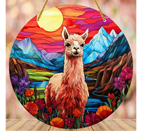 Allernieuwste.nl® Raamhanger Raamdecoratie Alpaca Lama - Kleurige Zonnevanger Rond Acryl met Ketting - Suncatcher Alpaca Rond model 15 cm %%