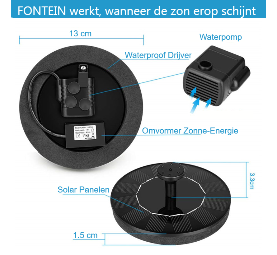 Allernieuwste.nl® SOLAR Fontein op Zonne Energie - Vogelbadje Fontijn - Vijver Tuindecoratie Zwembad Fontein - Milieuvriendelijke Fontein - kleur: Zwart