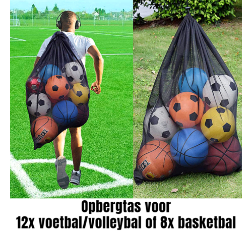 Allernieuwste.nl Allernieuwste.nl® Opbergtas Voor 12 Voetballen, Volleyballen, Basketballen - Nettas Met Verstelbare Schouderband en Trekkoord - 72 x 100 cm Zwart