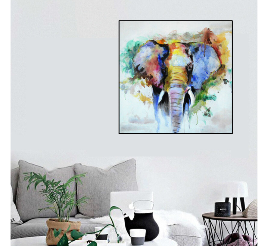 Allernieuwste.nl® Canvas Schilderij Kleurige Olifant - Kunst aan je Muur - Zwart en Goud - 50 x 50 cm