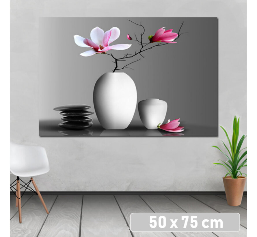 Allernieuwste.nl® Canvas Schilderij Yoga Minimalistische Stilleven Bloem Vaas - Kunst aan je Muur - Modern Minimalisme - Kleur - 50 x 75 cm