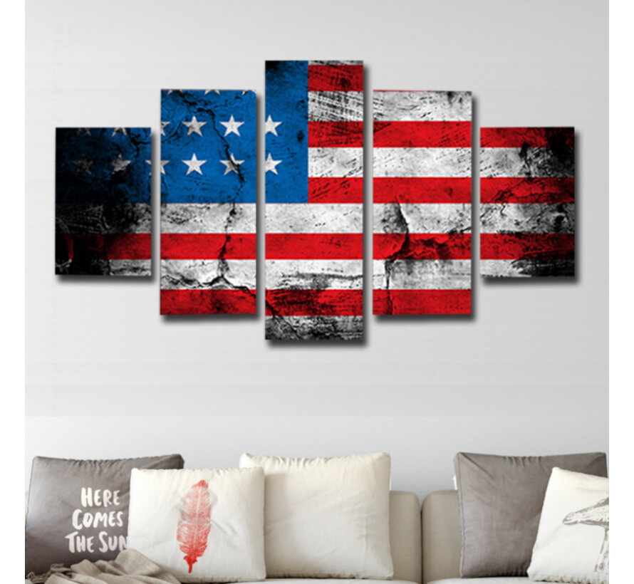 Allernieuwste.nl® SET van 5 st Canvas Schilderij  Amerikaanse Vlag Stars and Stripes - Kunst aan je Muur - Realistisch - Rood Blauw Wit - SET van 5 - 50 x 100 cm