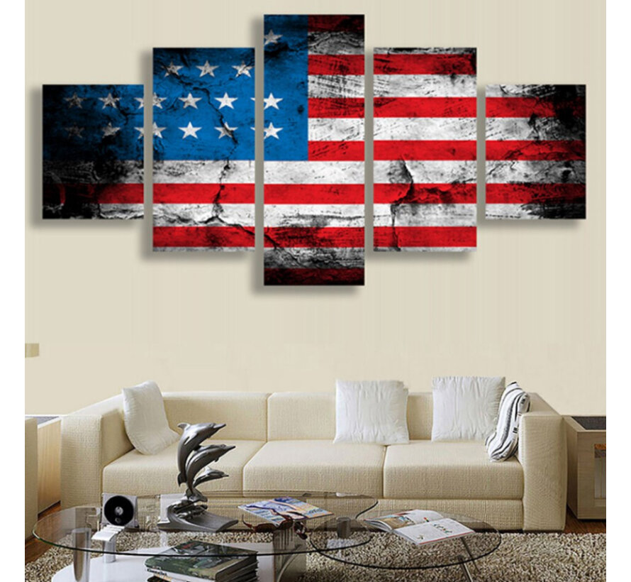 Allernieuwste.nl® SET van 5 st Canvas Schilderij  Amerikaanse Vlag Stars and Stripes - Kunst aan je Muur - Realistisch - Rood Blauw Wit - SET van 5 - 50 x 100 cm