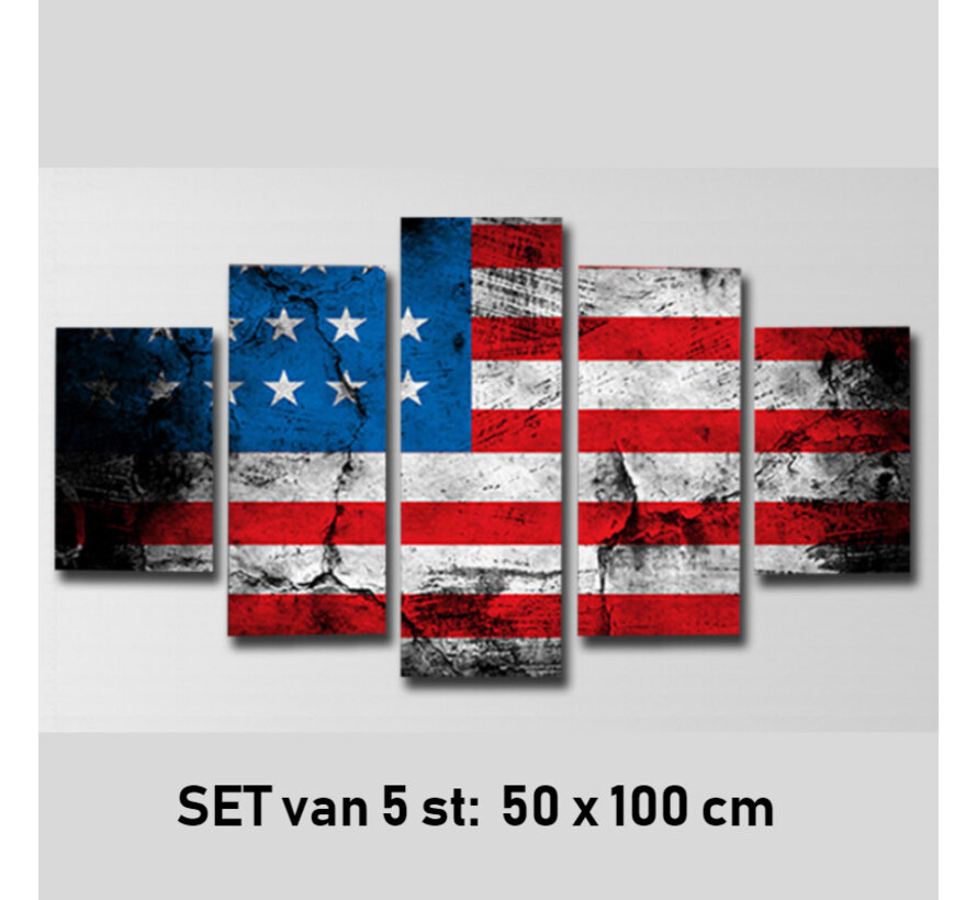 Allernieuwste.nl® SET van 5 st Canvas Schilderij  Amerikaanse Vlag Stars and Stripes - Kunst aan je Muur - Realistisch - Rood Blauw Wit - SET van 5 - 50 x 100 cm