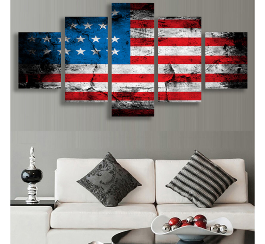 Allernieuwste.nl® SET van 5 st Canvas Schilderij  Amerikaanse Vlag Stars and Stripes - Kunst aan je Muur - Realistisch - Rood Blauw Wit - SET van 5 - 50 x 100 cm