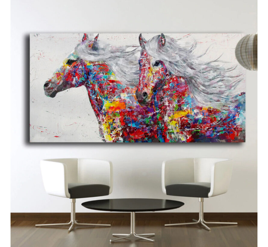 Allernieuwste.nl® Canvas Schilderij Twee Graffiti Paarden - Kunst aan je Muur - Grafitti - Kleur - 40 x 80 cm