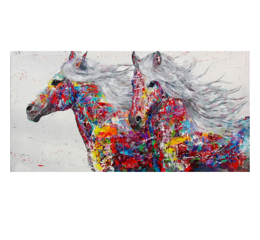 Allernieuwste.nl® Canvas Schilderij Twee Graffiti Paarden - Kunst aan je Muur - Grafitti - Kleur - 40 x 80 cm
