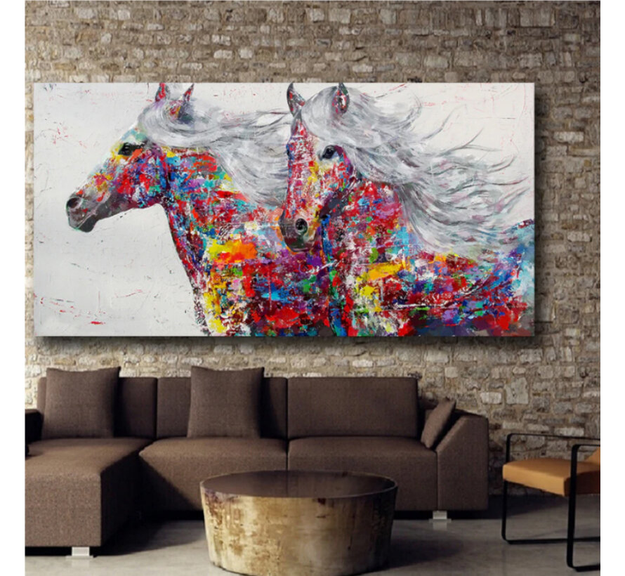 Allernieuwste.nl® Canvas Schilderij Twee Graffiti Paarden - Kunst aan je Muur - Grafitti - Kleur - 40 x 80 cm