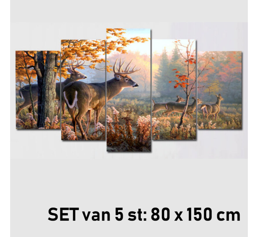 Allernieuwste.nl® 5-luik Canvas Schilderij Wild in Natuur Bos - Kunst aan je Muur - Kleur - SET 5-delig - 80 x 150 cm