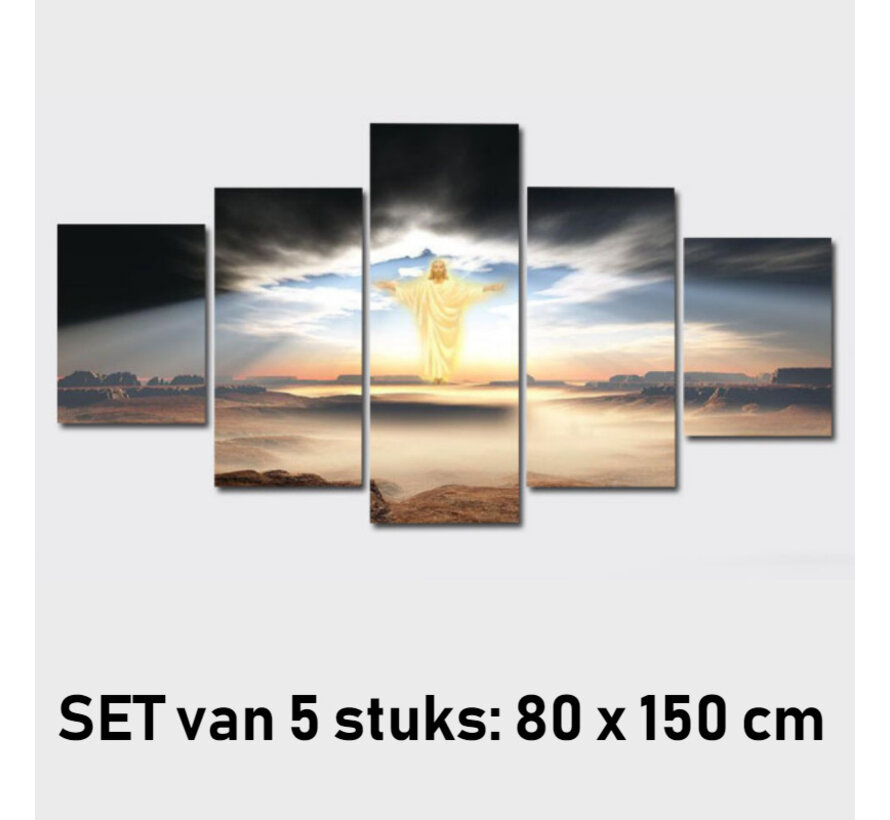 Allernieuwste.nl® SET van 5 stuks Canvas Schilderij * Jezus Waakt Over U * - Kunst aan je Muur - Realistisch - Kleur - 5-luik - 80 x 150 cm