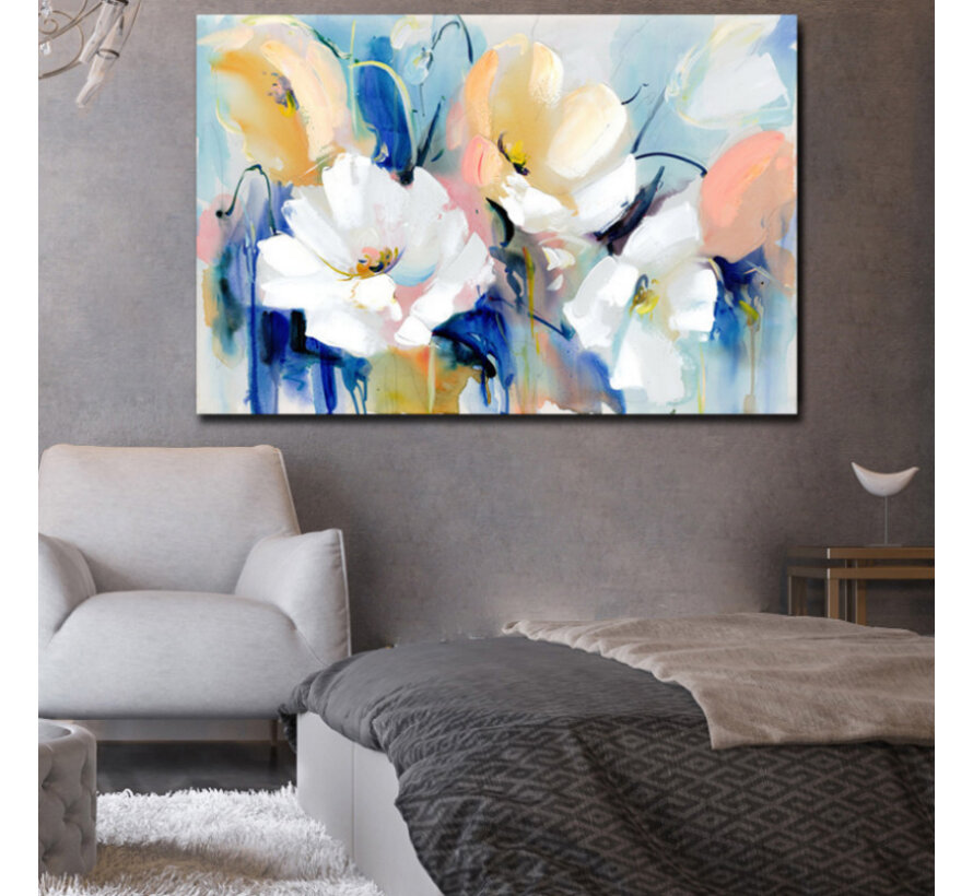 Allernieuwste.nl® Canvas Schilderij Bloemen Compositie in Blauw en Geel - Kunst aan je Muur - Modern - kleur - XL 70 x 110 cm