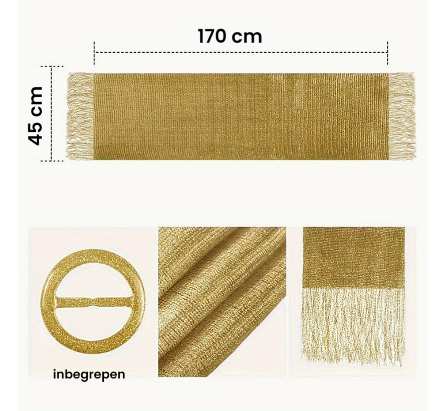 Allernieuwste.nl® Sjaal Dames Omslagdoek GOUD Franjes - Lente Zomer Strand Weekend Casual Feestelijk Avondjurk Stola Metallic Goud - 170 x 45 cm %%