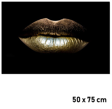 Allernieuwste.nl Canvas Schilderij Gouden Lippen Mond - 50 x 75 cm