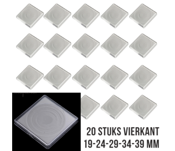 Allernieuwste.nl 20 stuks Vierkante Muntcapsules met Zachte BINNENRING - Ø 39mm tot Ø 19mm - Transparant