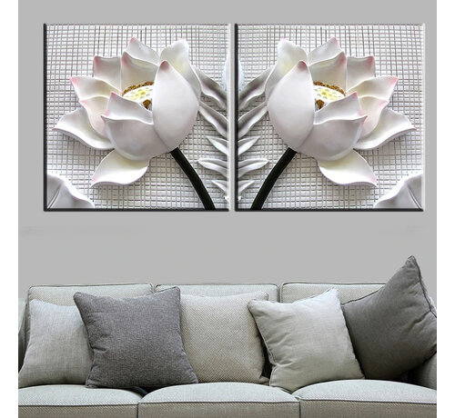 Allernieuwste.nl Allernieuwste.nl® SET van 2 st. Canvas Schilderij  3D Witte Lotus Bloemen - Kunst aan je Muur - 3-dimensionaal - Kleur-Wit - M-SET 40 x 40 cm