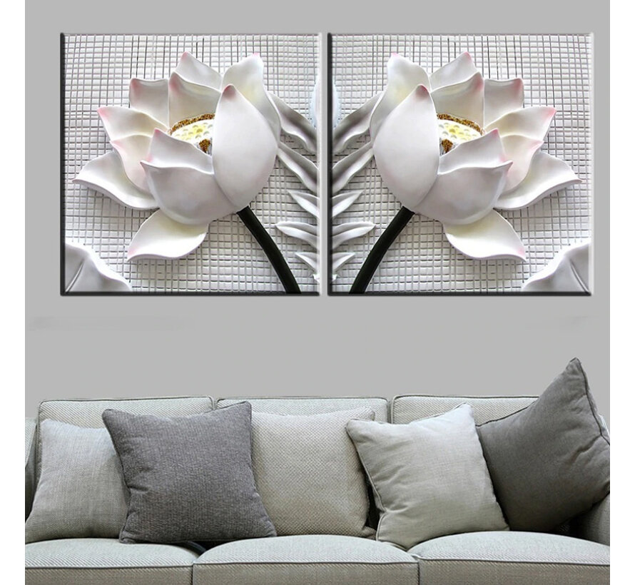 Allernieuwste.nl® SET van 2 st. Canvas Schilderij  3D Witte Lotus Bloemen - Kunst aan je Muur - 3-dimensionaal - Kleur-Wit - M-SET 40 x 40 cm