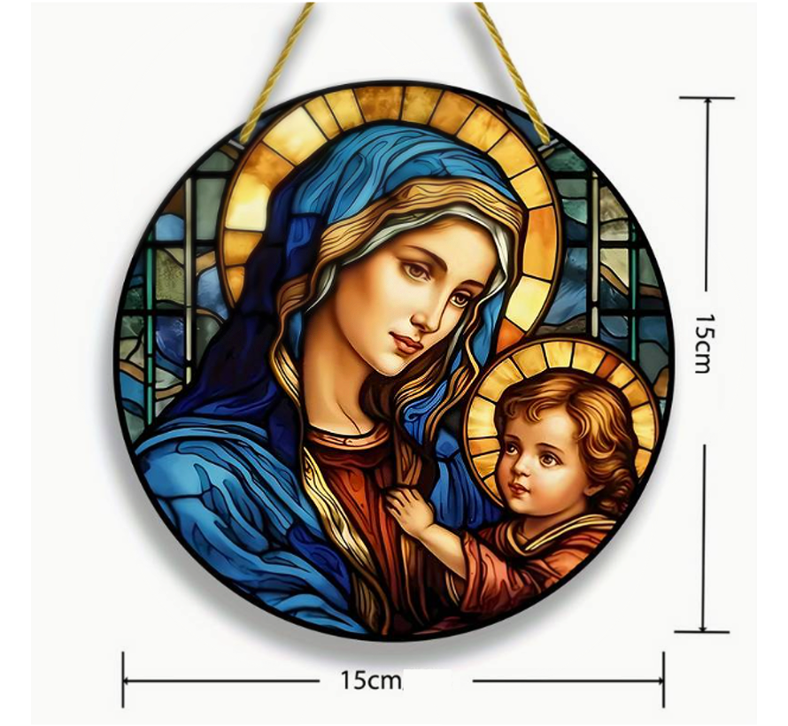 Allernieuwste.nl® Raamhanger Raamdecoratie Maagd Maria - Kleurige Zonnevanger Rond Acryl met Ophangtouw - Suncatcher Rond model 15 cm %%