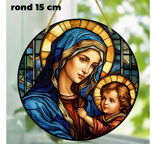 Allernieuwste.nl Allernieuwste.nl® Raamhanger Raamdecoratie Maagd Maria - Kleurige Zonnevanger Rond Acryl met Ophangtouw - Suncatcher Rond model 15 cm %%