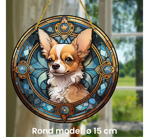 Allernieuwste.nl Allernieuwste.nl® Raamhanger Raamdecoratie Lieve Chihuahua - Kleurige Zonnevanger Rond Acryl met Ophangtouw - Honden - Glas in Lood Suncatcher Rond model 15 cm %%