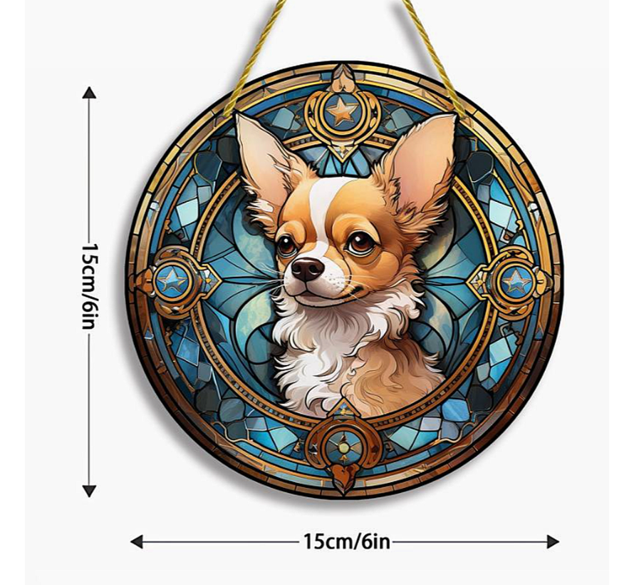 Allernieuwste.nl® Raamhanger Raamdecoratie Lieve Chihuahua - Kleurige Zonnevanger Rond Acryl met Ophangtouw - Honden - Glas in Lood Suncatcher Rond model 15 cm %%