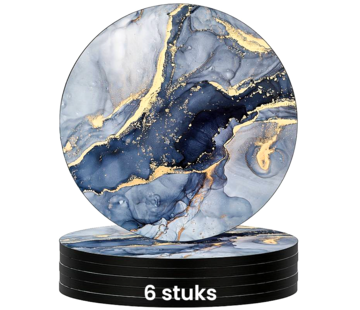 Allernieuwste.nl 6 Stuks Luxe Ronde Marmer Onderzetters voor Glazen - Goud Blauw - 10 cm