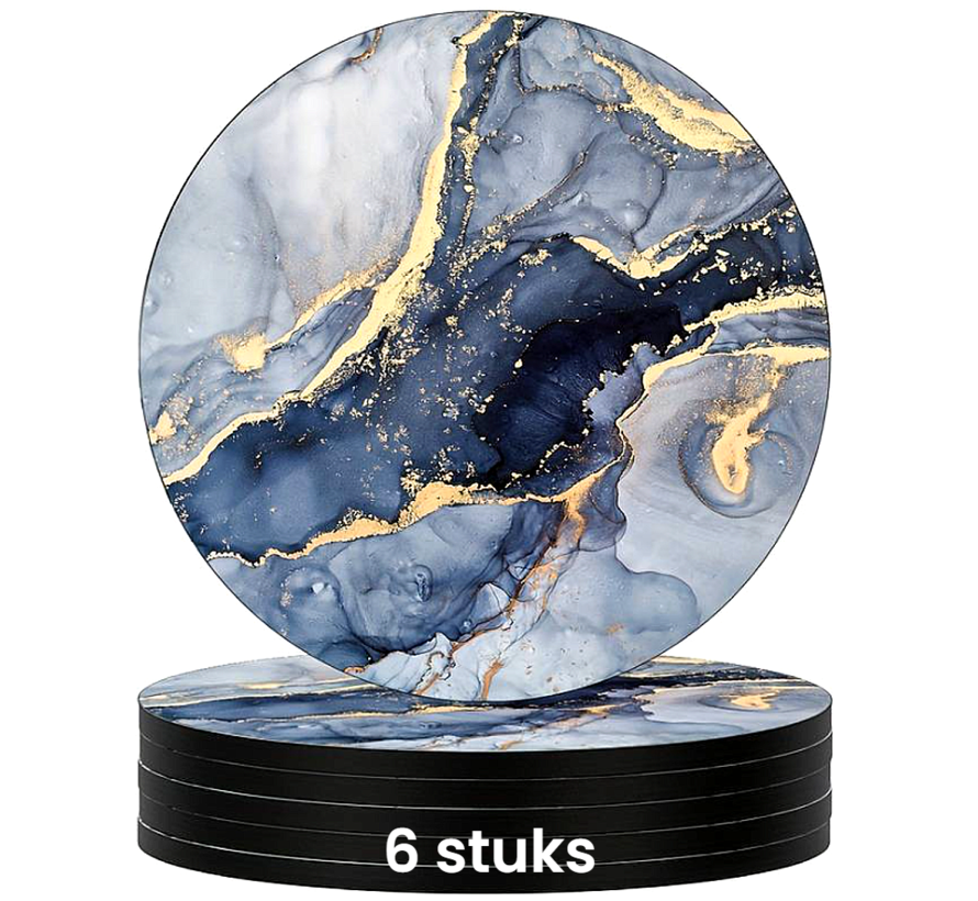 Allernieuwste.nl® Luxe SET 6 Stuks Marmer Onderzetters voor Glazen Goud Blauw - Coasters - Rubber Rond 10 cm Goud-Blauw - 6 Stuks %%