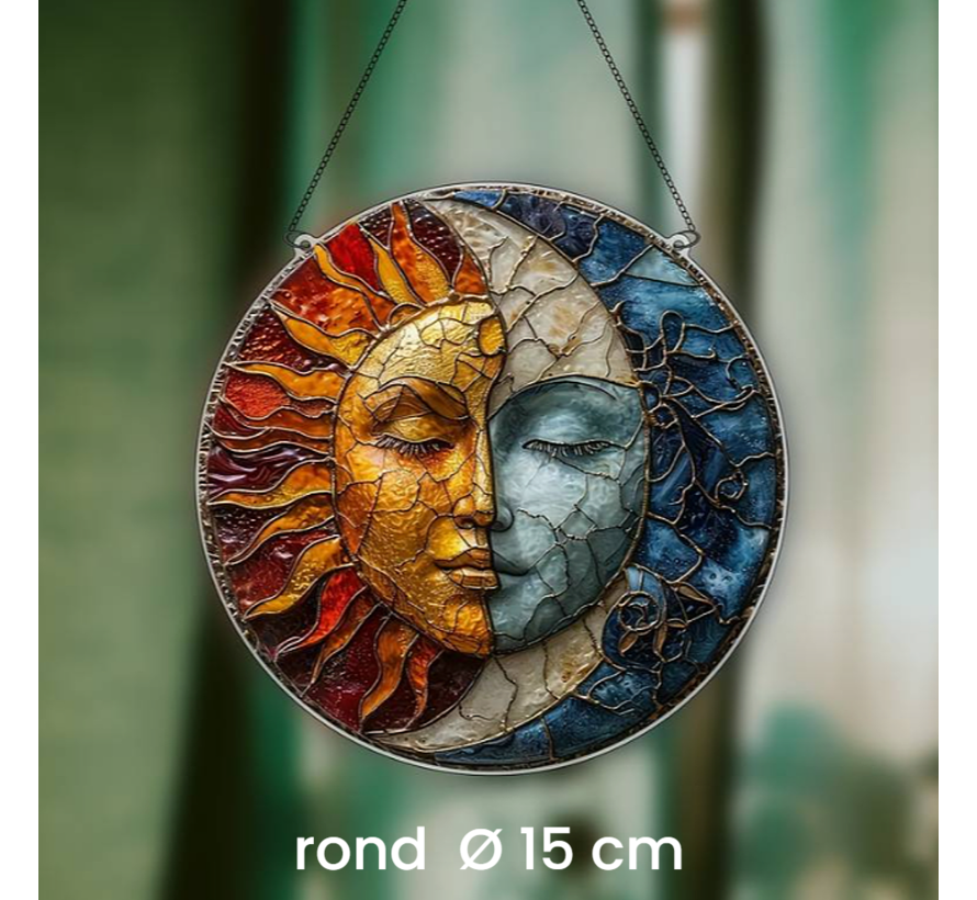 Allernieuwste.nl® Raamhanger Raamdecoratie Zon Ying Yang Boho - Kleurige Zonnevanger Rond Acryl met Ketting - Suncatcher Zon Rond model 15 cm %%