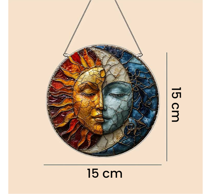 Allernieuwste.nl® Raamhanger Raamdecoratie Zon Ying Yang Boho - Kleurige Zonnevanger Rond Acryl met Ketting - Suncatcher Zon Rond model 15 cm %%