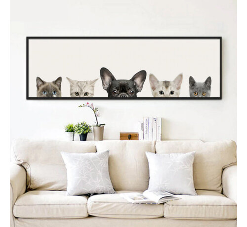 Allernieuwste.nl Allernieuwste.nl® Canvas Schilderij 4 Katten en 1 Hond - Kunst aan je Muur - Realistisch - kleur - 40 x 120 cm