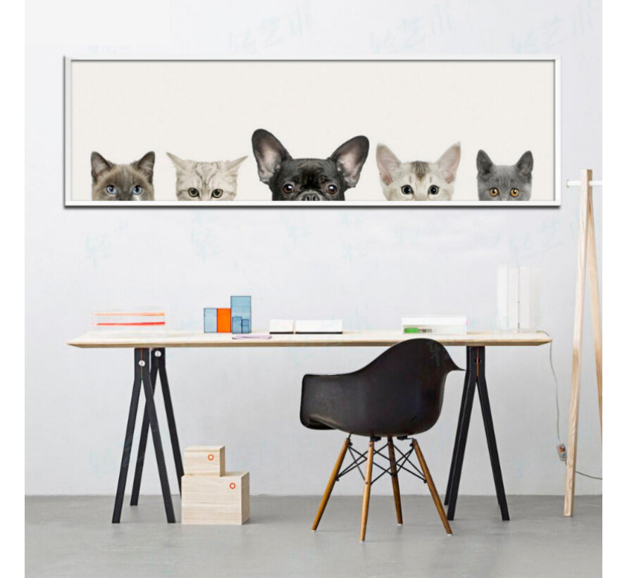 Allernieuwste.nl® Canvas Schilderij 4 Katten en 1 Hond - Kunst aan je Muur - Realistisch - kleur - 40 x 120 cm