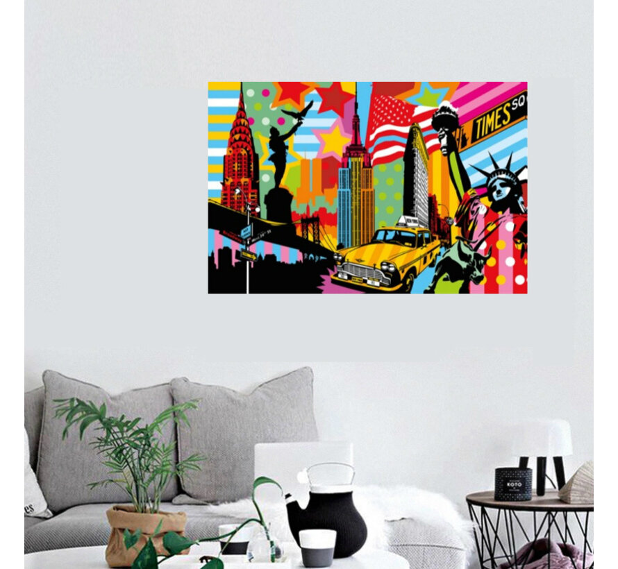 Allernieuwste.nl® Canvas Schilderij PopArt New York City USA - Kunst - Poster - Reproductie - Abstract Modern - 50 x 75 cm - Kleur