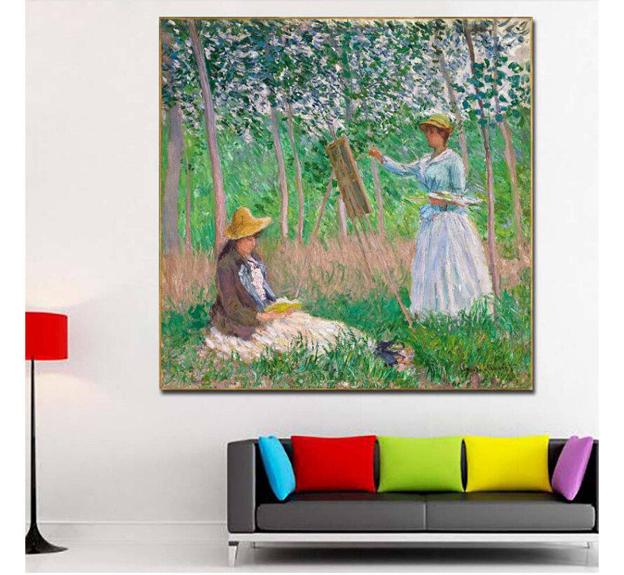 Allernieuwste.nl® Canvas Schilderij Claude Monet Schilderen in de Natuur - Kunst aan je Muur - Modern Impressionisme - kleur - 60 x 60 cm