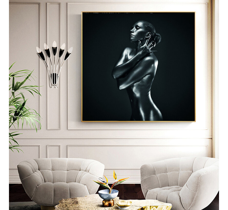 Allernieuwste.nl® Canvas Schilderij Naakt Zwart Meisje - Kunst aan je Muur - Modern - zwart-wit - 50 x 50 cm