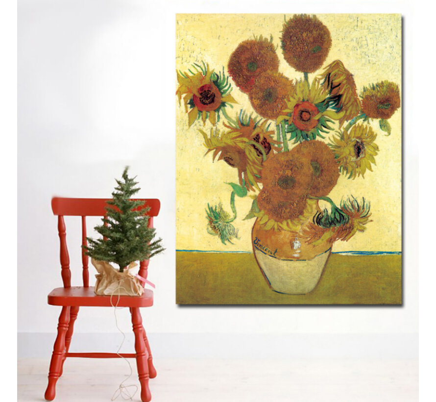 Allernieuwste.nl® Canvas Schilderij Vincent Van Gogh - 15 Zonnebloemen in Vaas - Kunst aan je Muur - postimpressionisme, expressionisme - Kleur - 50 x 65 cm