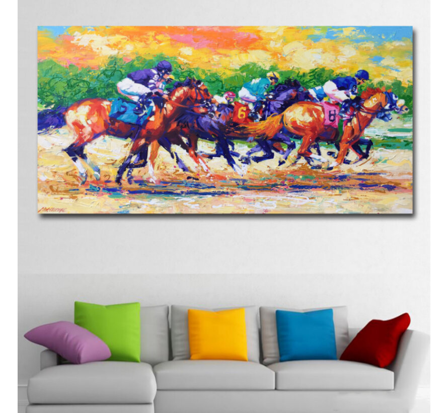 Allernieuwste.nl® Canvas Schilderij * Paardensport Racing * - Kunst aan je Muur - Modern - Kleur - 40 x 80 cm