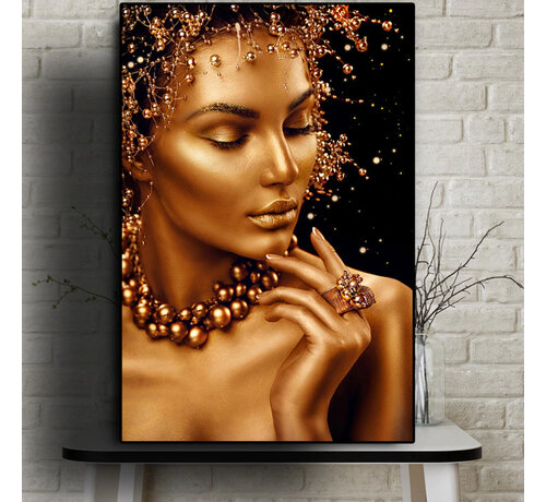 Allernieuwste.nl Allernieuwste.nl® Canvas Schilderij Sexy Gouden Naakte Vrouw met Sieraden - Kunst aan je Muur - Kleur Goud-Zwart - 50 x 70 cm
